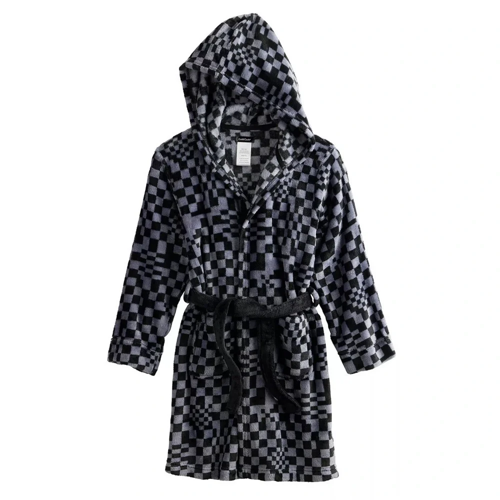 🆕 Cuddl Duds Boys Hooded Robe Black Gray Checkered S(4-6) Belted Cozy Winter